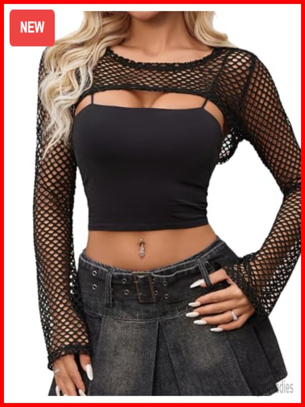 Fishnet Mesh Crop Top Long Sleeve Sheer Y2k Clubwear Coverup